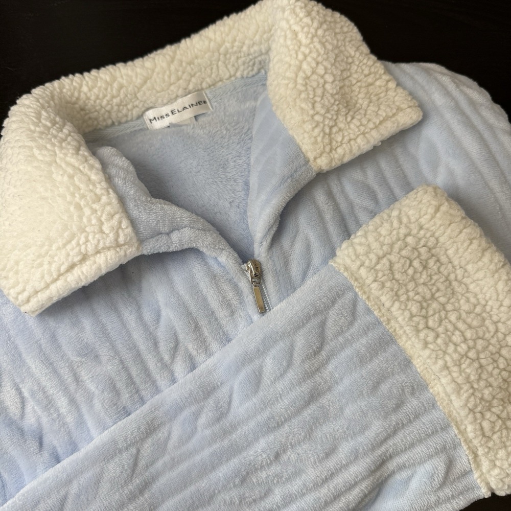 Miss Elaine L Light‎ Blue Robe Plush Fleece Zip Sherpa Collar Cuff Pjs Housecoat